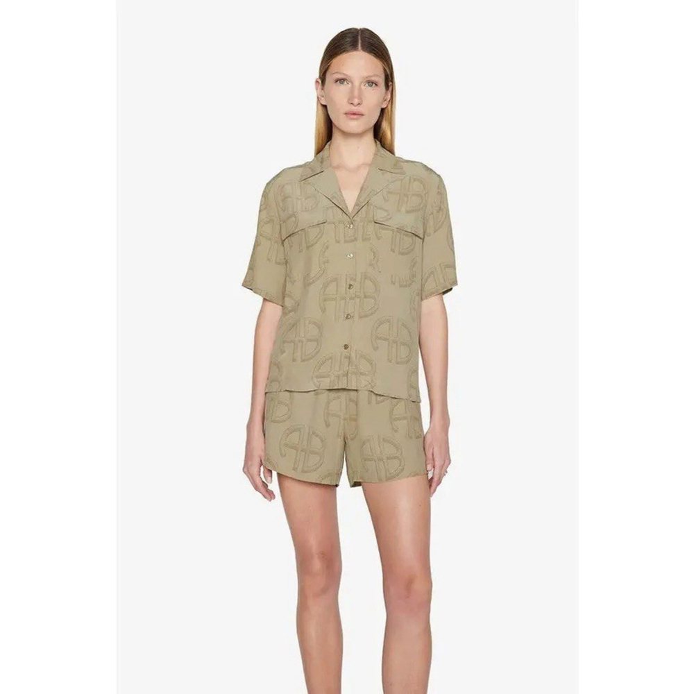 Anine Bing Austin Monogram Print Button Up Top XS Neutral Olive Green Utility